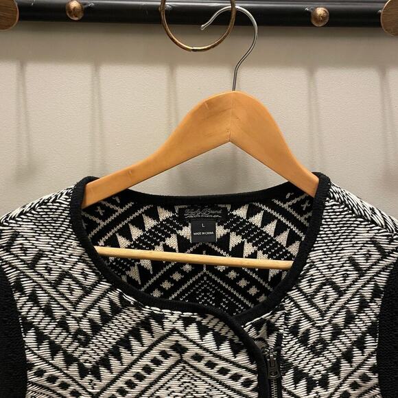 Lucky Brand Womens Large Aztec Pattern Sweater | Black & White Zip Knit Cardigan - Picture 7 of 9